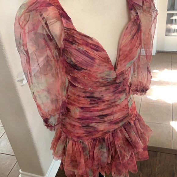 Multicolored pink floral graphic runched tulle bodycon mini dress - Picture 10 of 17